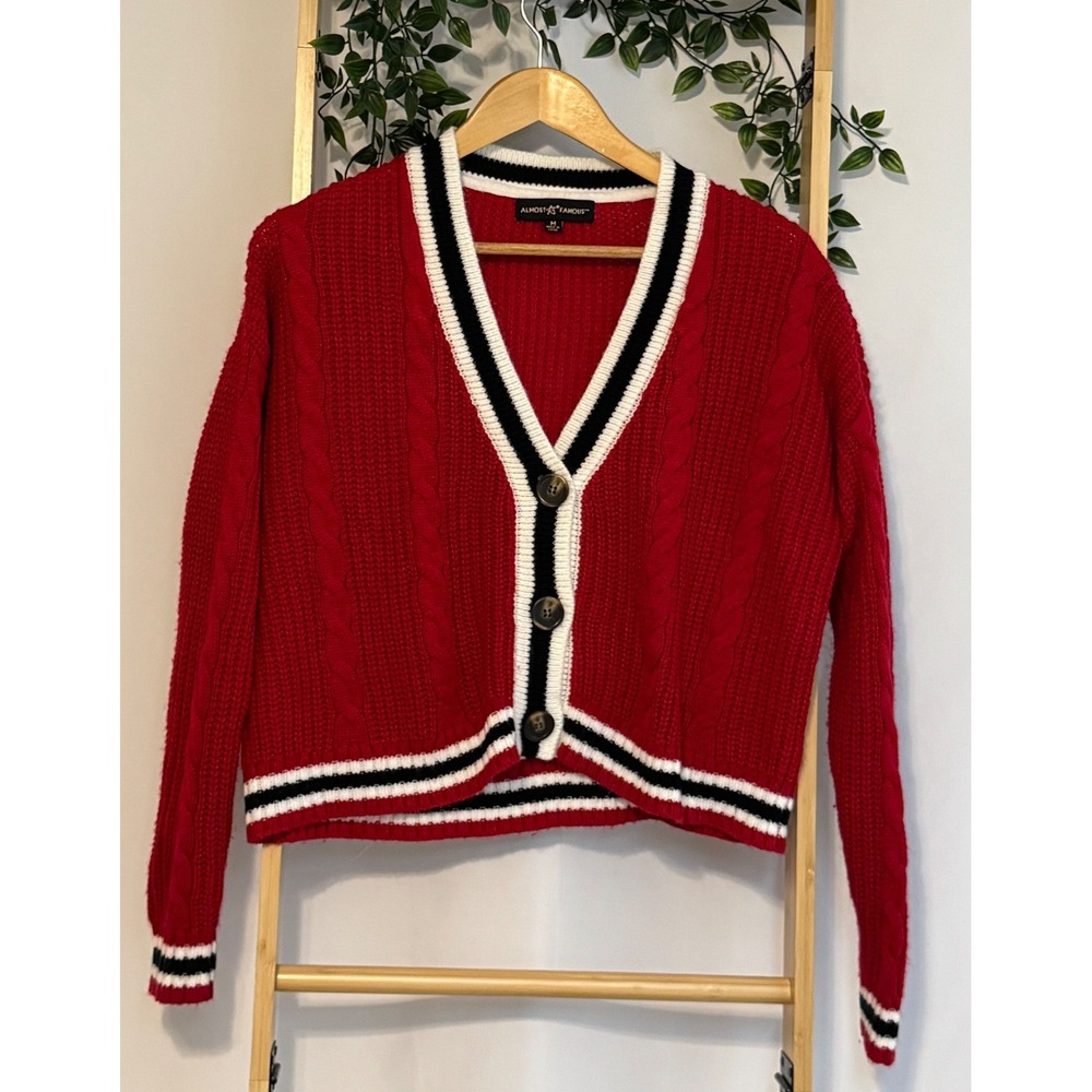 Almost Famous Red Cable Knit Cropped Cardigan Varsity Striped V-Neck Sweater M